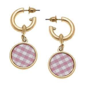 Gingham Disc Drop Earrings Pink White Gold